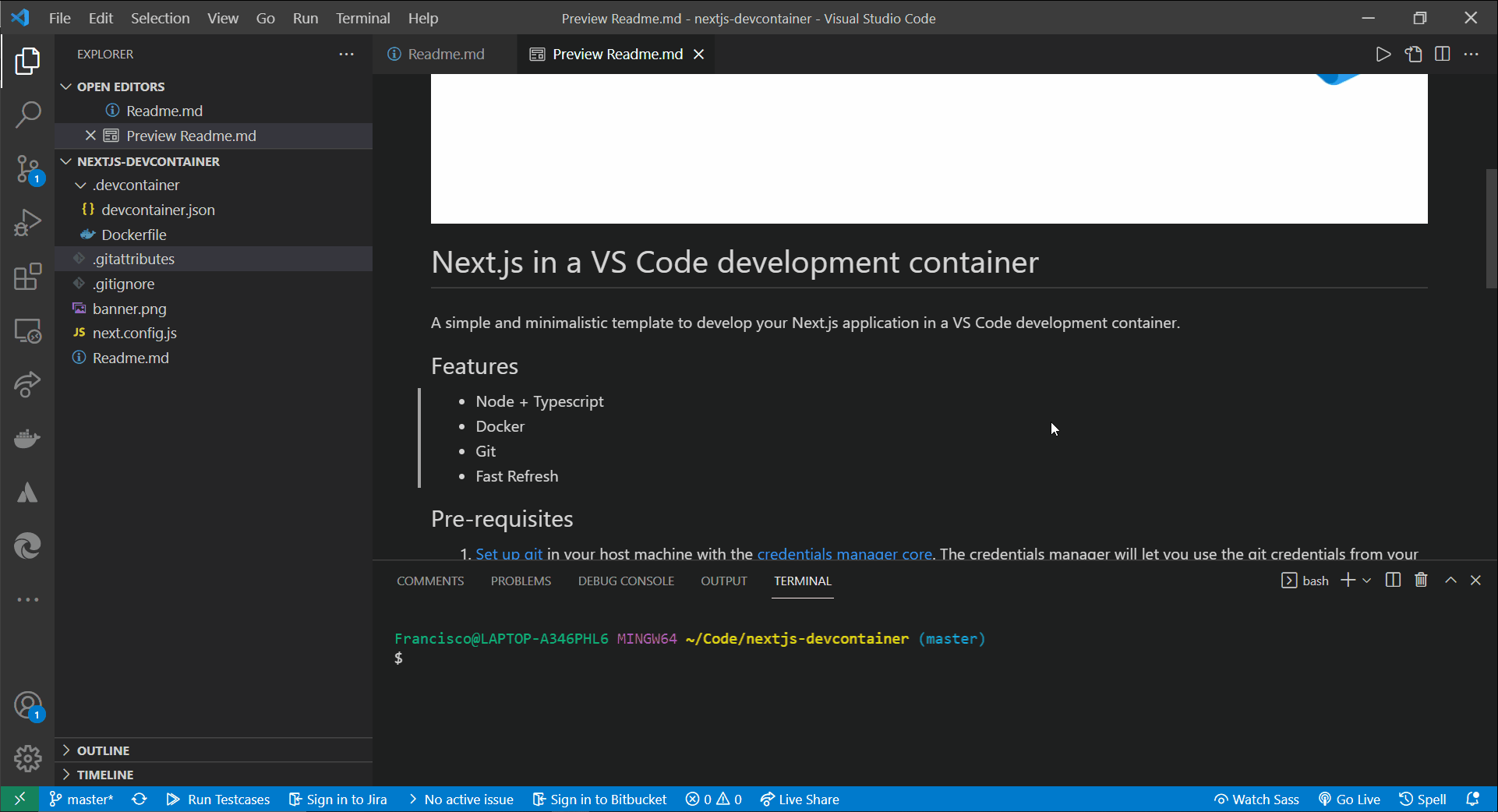 A GIF showing a user running npm run dev inside a VS Code terminal and then opening the Next.js application in their local browser.